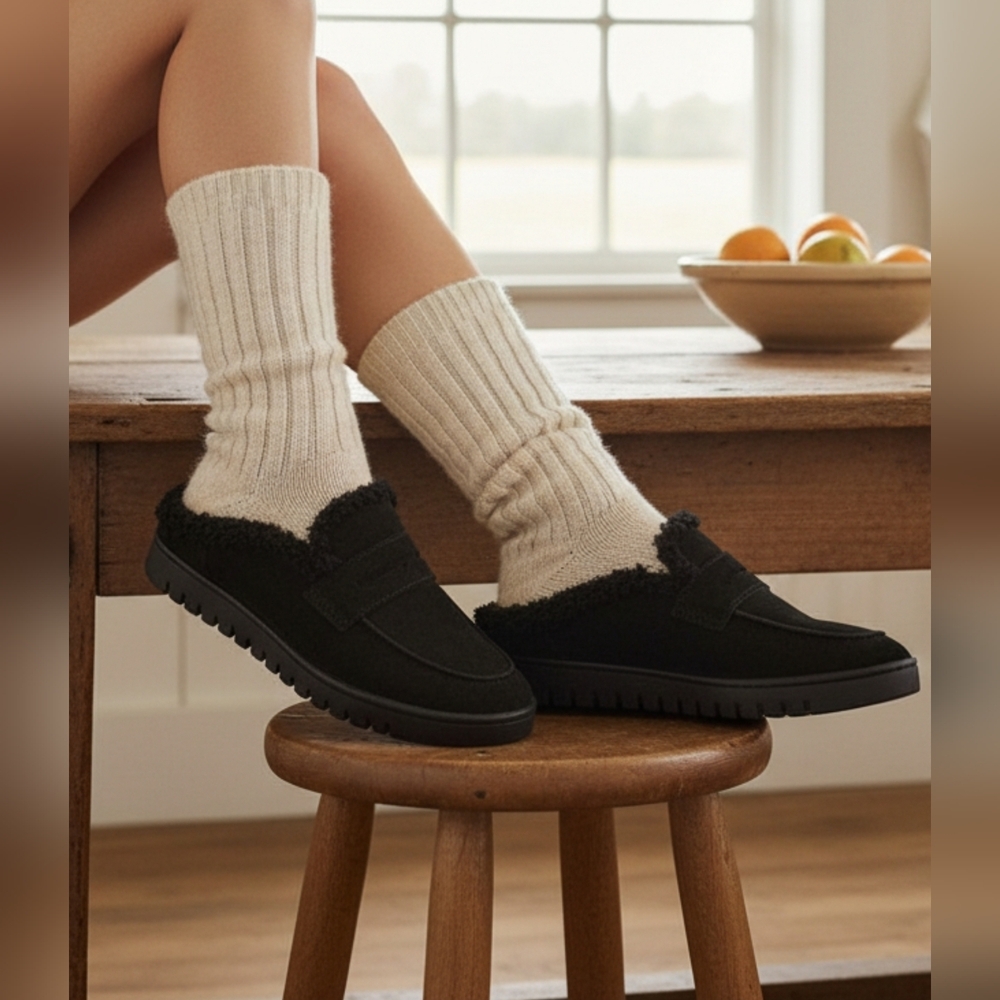 Mules 7.5 Black Sharpa Arch Support Suede Cottage Eclectic Granpa New